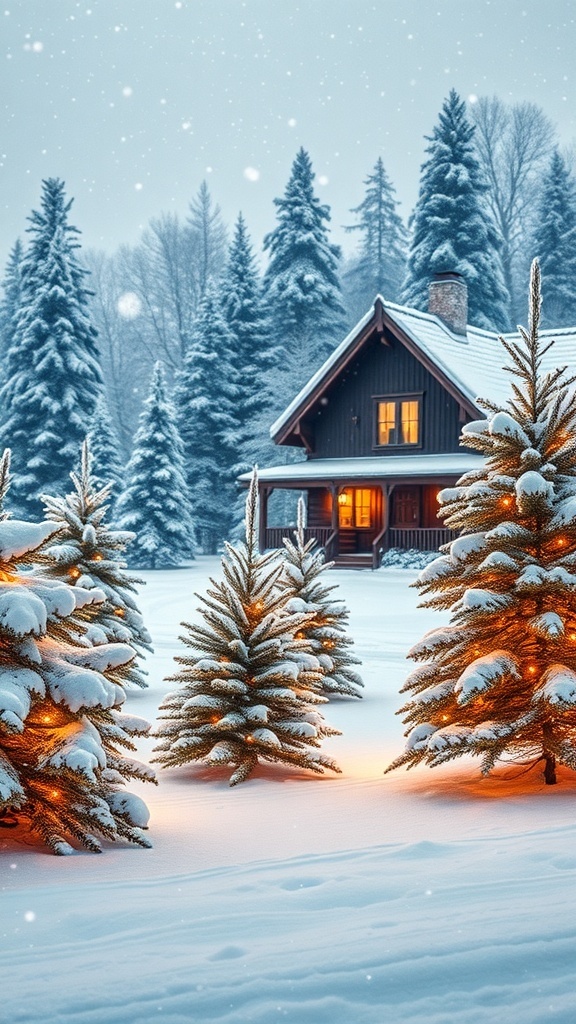 Festive Christmas Aesthetic Laptop Wallpaper A charming Christmas scene with snow-covered trees and lights, perfect for a laptop wallpaper.